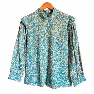 Mirth Handmade Edition Floral Cotton Blouse Sz S Puff Sleeve Coastal Cottage